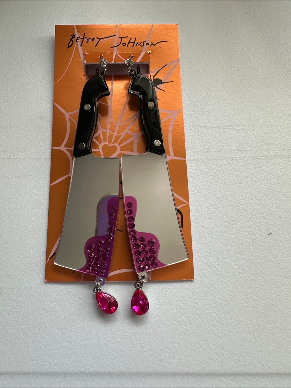 Betsey Johnson Black, Pink and Silver Cleaver Mirror Dangle Earrings